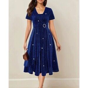 Elegant Glittering V-Neck Midi Dress with Rhinestone Details, Short Sleeve, 0XL